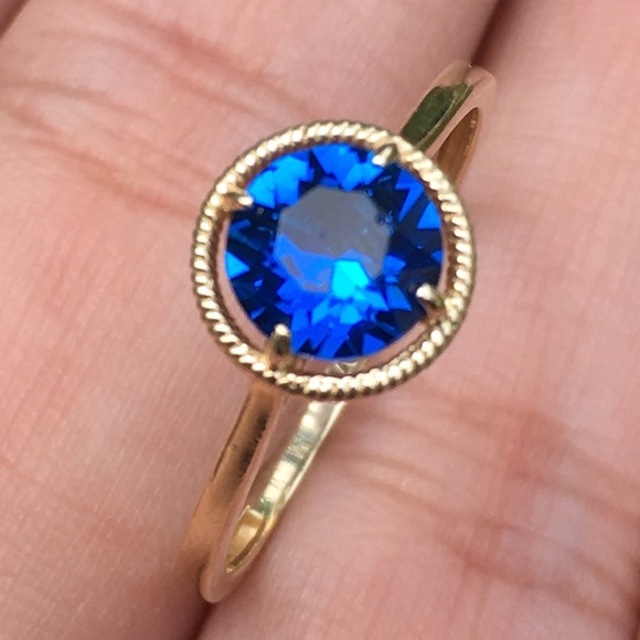 Jewelry - 10k Solid Yellow Gold Blue Crystal Rope Halo Ring